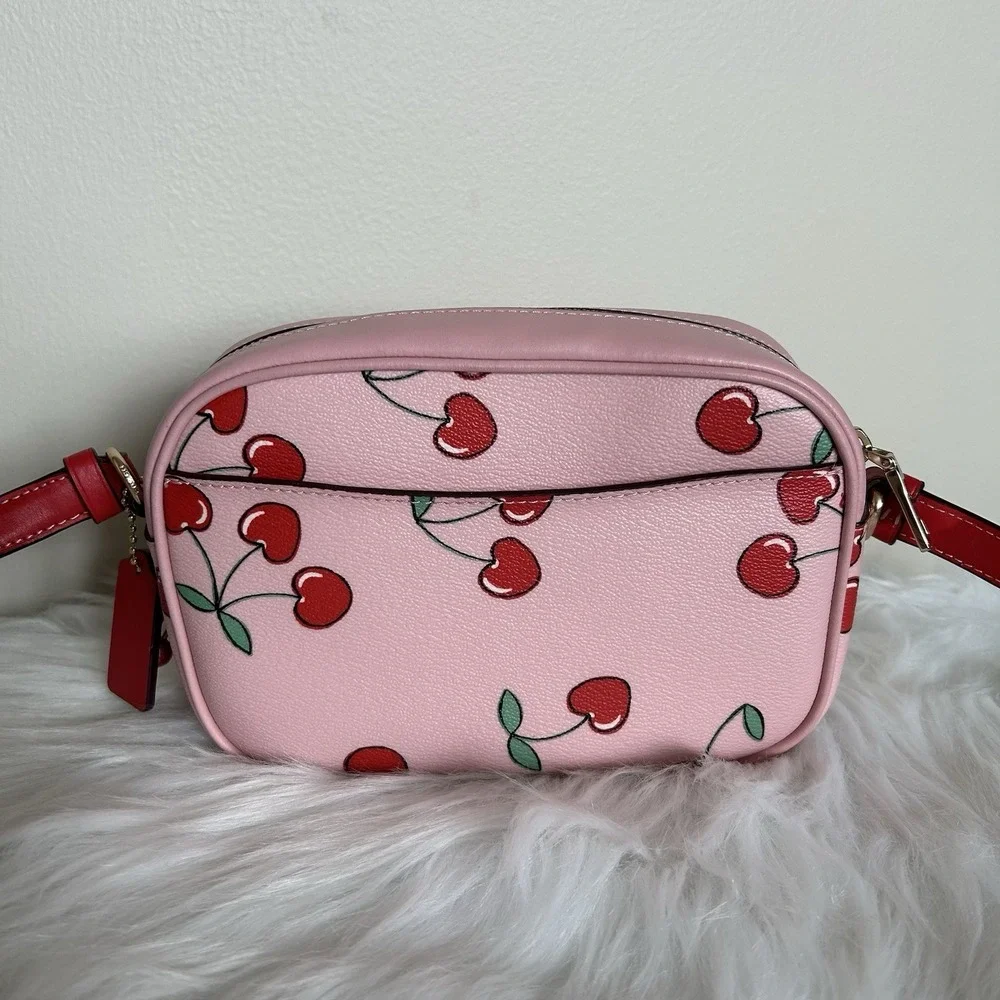 Coach Jamie Camera‎ Bag Pink Cherry Print Pebbled Leather Crossbody Excellent